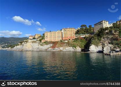coastline with typical homes surrounding the sea in Camogli, small town in Mediterranean sea, Italy