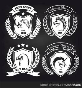 Coat of arms collection on blackboard. White medieval coat of arms collection with lion, eagle, horse and unicorn on blackboard background. Vector illustration
