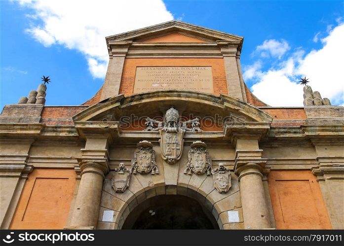 Coat of arms on the ancient gate Galliera (Porta Galliera) in Bologna, Italy