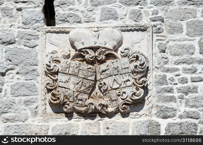 Coat of arms on the facade of Pazin castle in Istria, Croatia