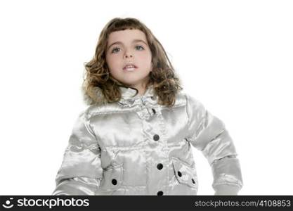 coat winter silver with little beautiful brunette girl white background