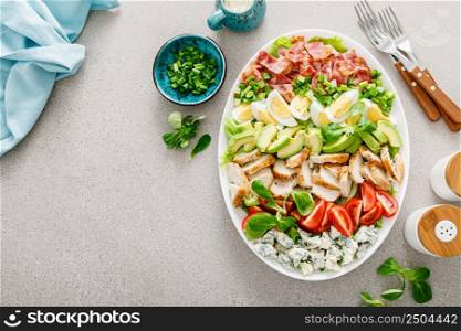 Cobb salad, traditional american cuisine. Top view