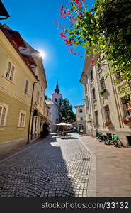 Cobbled old street and church of Ljubljana vertical view, capital of Slovenia