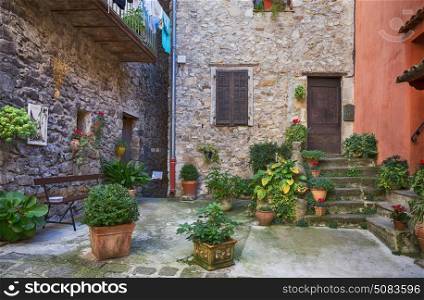 Cobbled patio with flowers in the old village Lyuseram, France