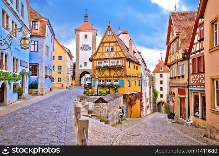 Cobbled street and architecture of historic town of Rothenburg ob der Tauber view, Romantic road of Bavaria region of Germany