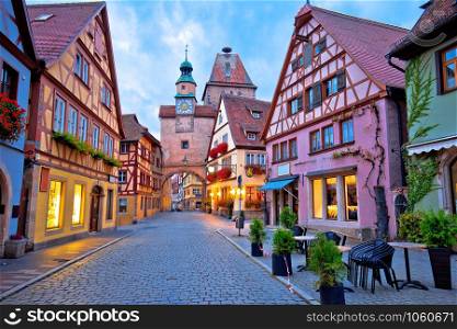 Cobbled street of historic town of Rothenburg ob der Tauber dawn view, Romantic road of Bavaria region of Germany