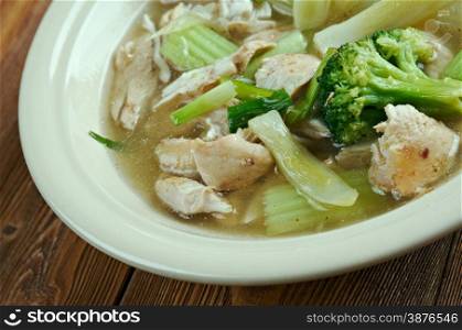 Cock-a-leekie soup - Scottish soup dish of leeks and chicken stock.
