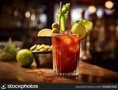 Cocktail bloody mary with celery and lime on wooden counter.AI Generative.