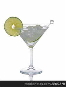 Cocktail drink with stir stick and lime slice isolated on white with reflection.