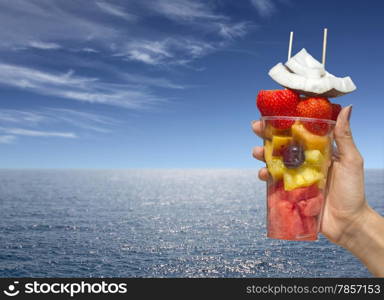 Cocktail of fresh fruit, sea ??and sky in the background