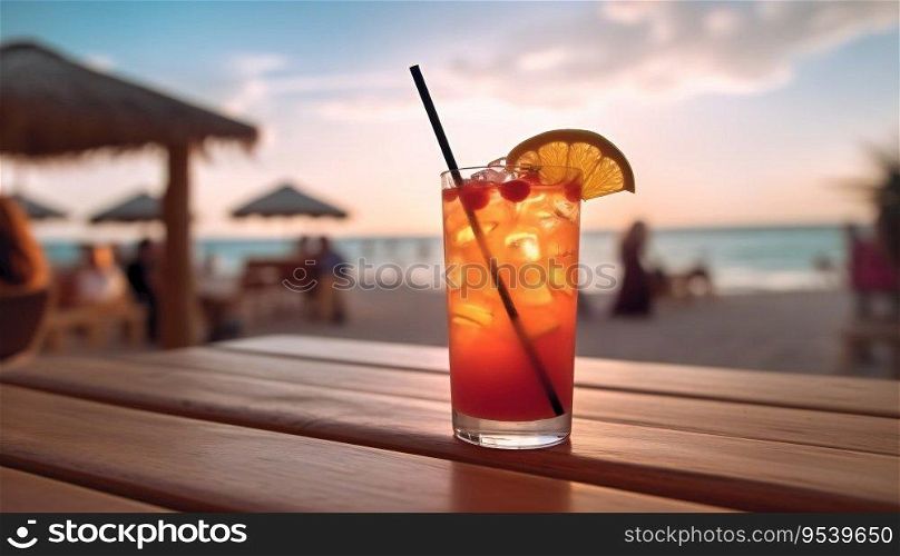Cocktail on Top of a Wooden Table in Front of the Beach