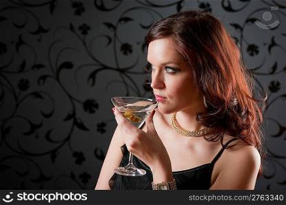 Cocktail party woman evening dress enjoy drink on black background