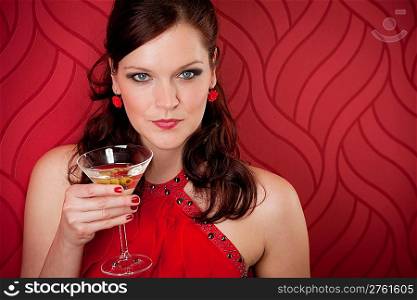 Cocktail party woman evening dress enjoy drink on red background