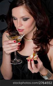 Cocktail party woman in evening dress champagne appetizer