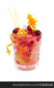 Cocktail with different berries and orange on white