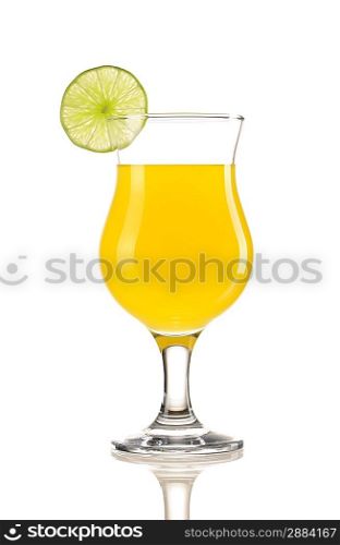 Cocktail with lime garnish isolated on white