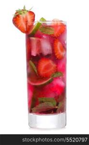 cocktail with lime, mint and strawberry on white background