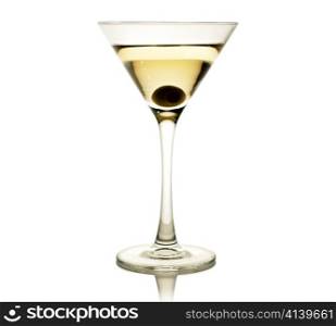 cocktail with olive on white background