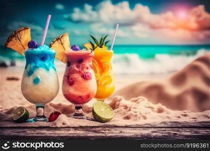 Cocktails by the sea. Summer beach mood. Neural network AI generated art. Cocktails by the sea. Summer beach mood. Neural network AI generated