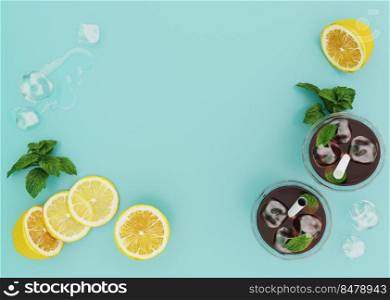 Cocktails with lemons and ice on blue background. Isolated cocktails. Top view cocktails. Summer refreshment drinks concept