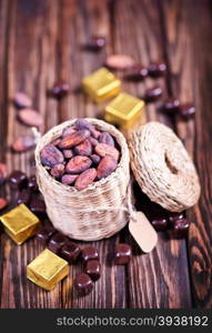 cocoa on the wooden table, cocoa beans