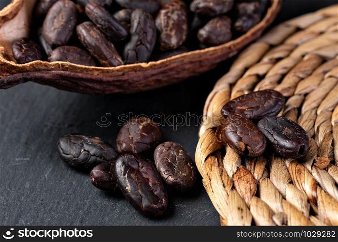 Cocoa Pod And Beans on a table. Cocoa pod