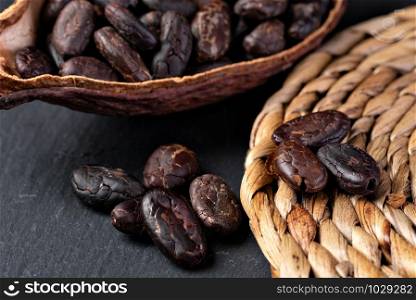 Cocoa Pod And Beans on a table. Cocoa pod