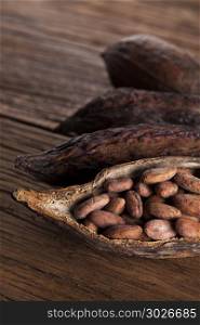 Cocoa pod on wooden background. Cocoa pod and cocoa beans on the wooden table