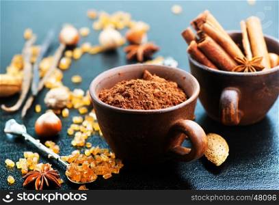 cocoa powder and aroma spice on a table