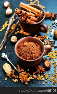 cocoa powder and aroma spice on a table