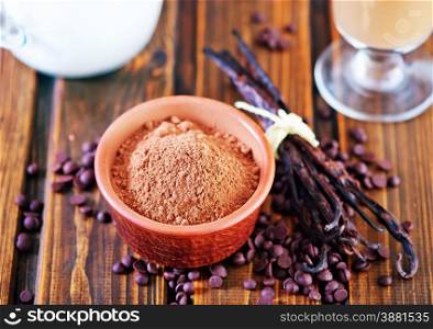 cocoa powder in bowl and on a table