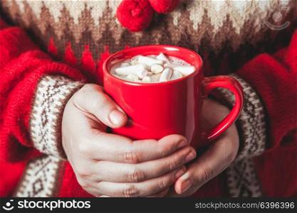 Cocoa with marshmallow. Female hands is holding a mug cocoa with marshmallow