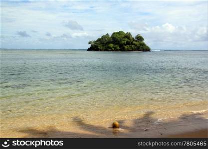 Coconut, beach and smal island in Upolu, Samoa