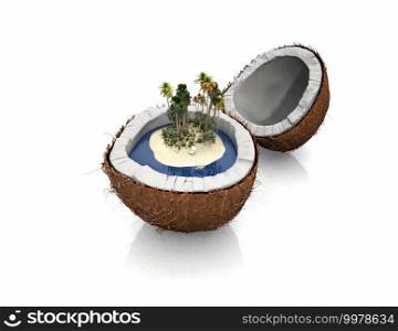 Coconut cut in half with a tropical island within