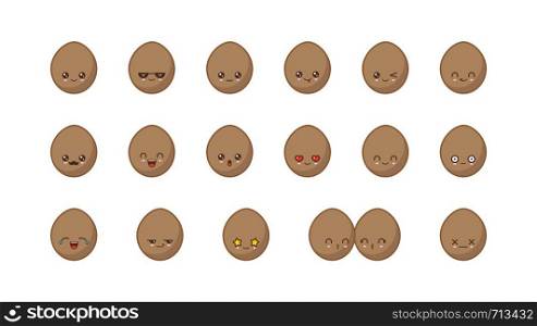 Coconut cute kawaii mascot. Set kawaii food faces expressions smile emoticons.