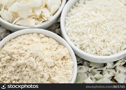 coconut flour and flakes in three white ceramic bowls