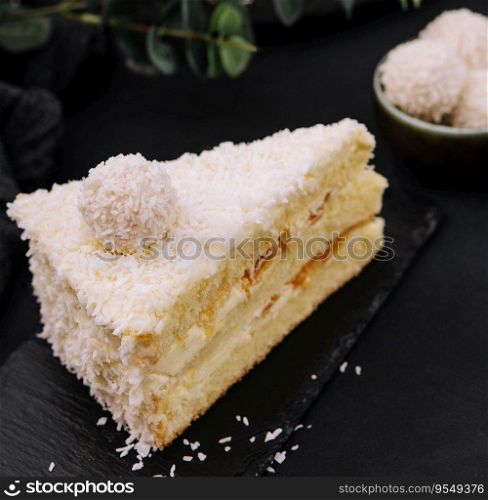 Coconut layered, raffaello cake on black tray