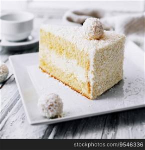 Coconut layered, raffaello cake on white plate