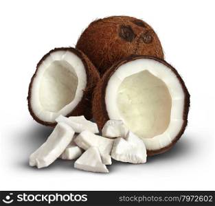 Coconut on a white background as a symbol of tropical climate food and asian cuisine with a full seed and one that is cracked open with the pieces of the white flesh in front as an icon of health and healthy eating of natural ingredients that have medicinal qualities.