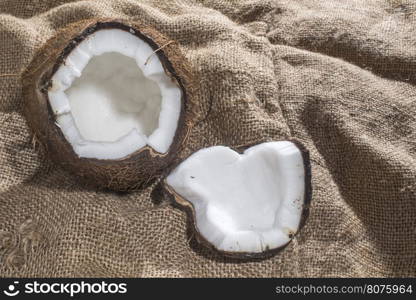 Coconut on burlap. Close up