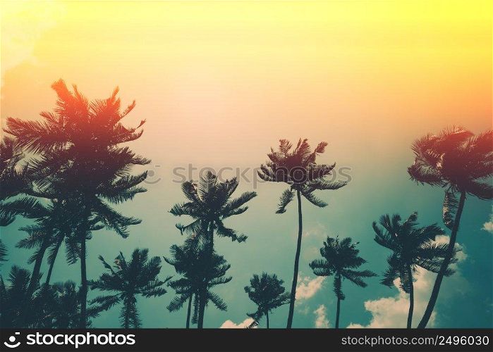 Coconut palm trees on tropical ocean beach, vintage toned and retro color stylized with film light leaks