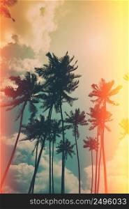 Coconut palm trees on tropical ocean beach, vintage toned and retro color stylized with film like light red and yellow leaks