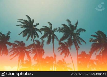 Coconut palm trees on tropical ocean beach, vintage toned and retro color stylized with film light leaks