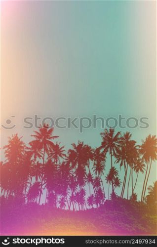 Coconut palms on ocean shore vintage color toned with film distress flare light leaks