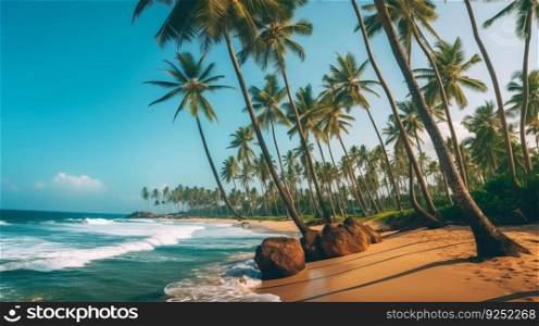 Coconut palms tropical background. Illustration Generative AI 