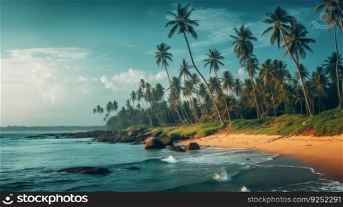 Coconut palms tropical background. Illustration Generative AI 