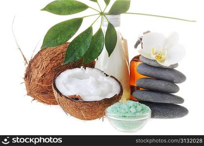 Coconut,salt,stones and massage oil for body close up