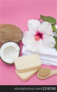 coconut soap brush flower towels pink surface