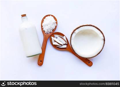 Coconut with coconut milk on white background.