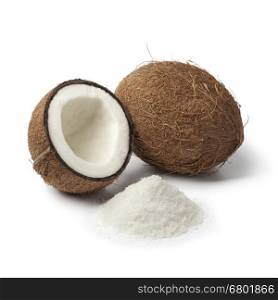 Coconuts with white shredded coconut meat on white background